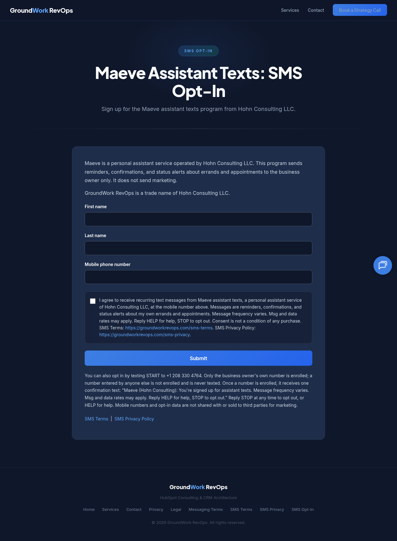 SMS opt-in page with name and mobile number fields and the consent checkbox