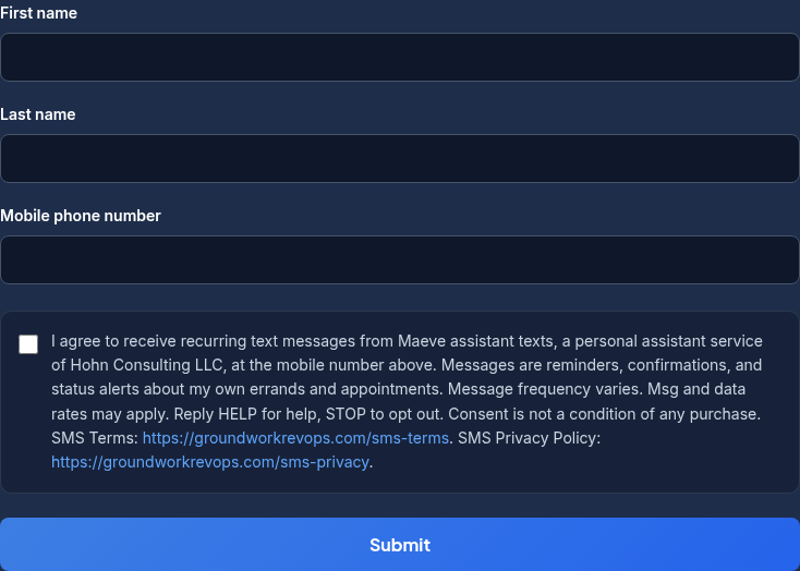 Opt-in form with the optional consent checkbox unchecked and the Submit button enabled