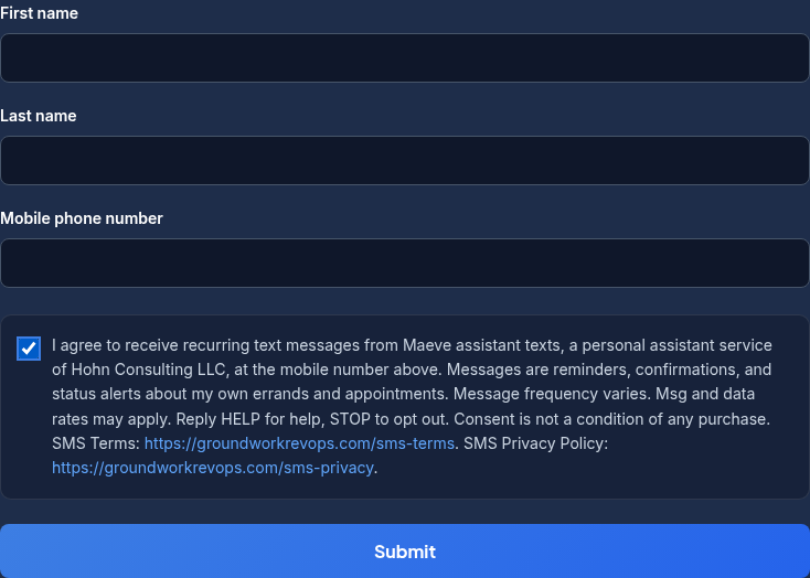 Opt-in form with the consent checkbox checked and the Submit button enabled